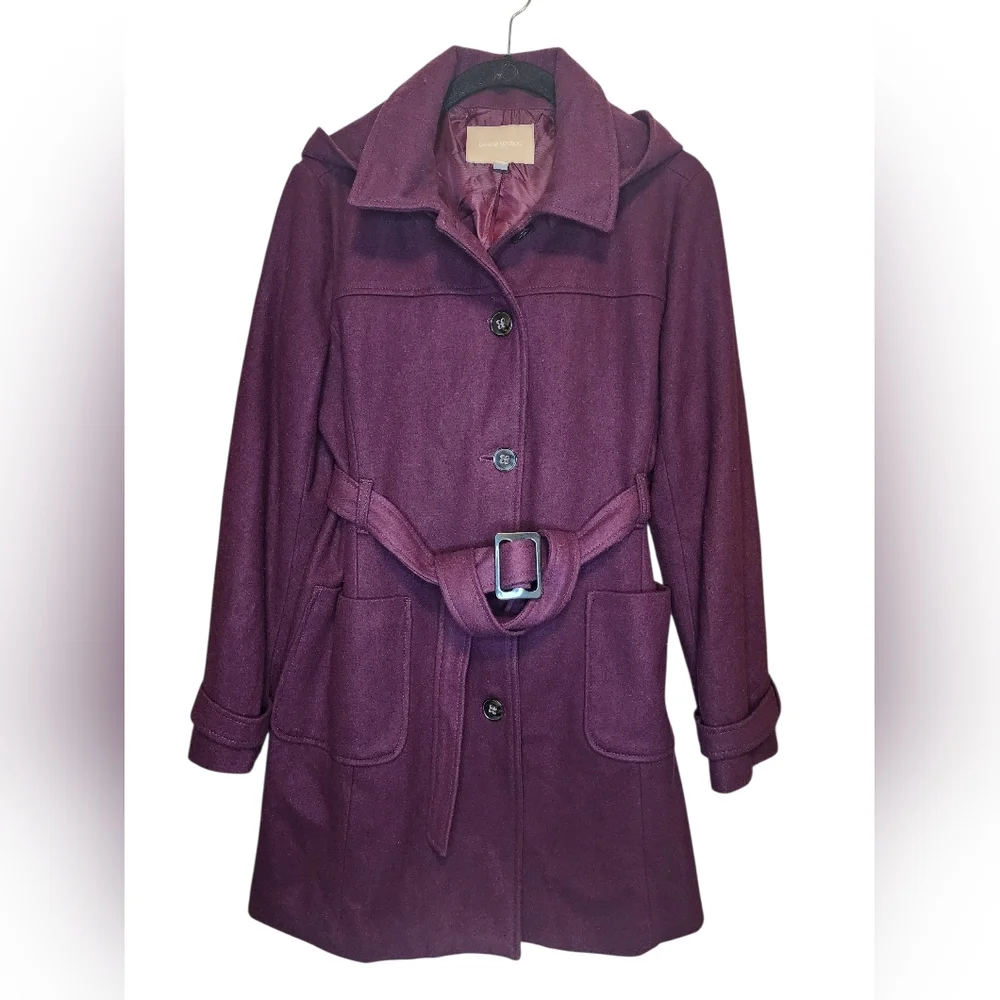 Banana Republic Wool Blend Hooded Belted Trench Coat - Plum - M
